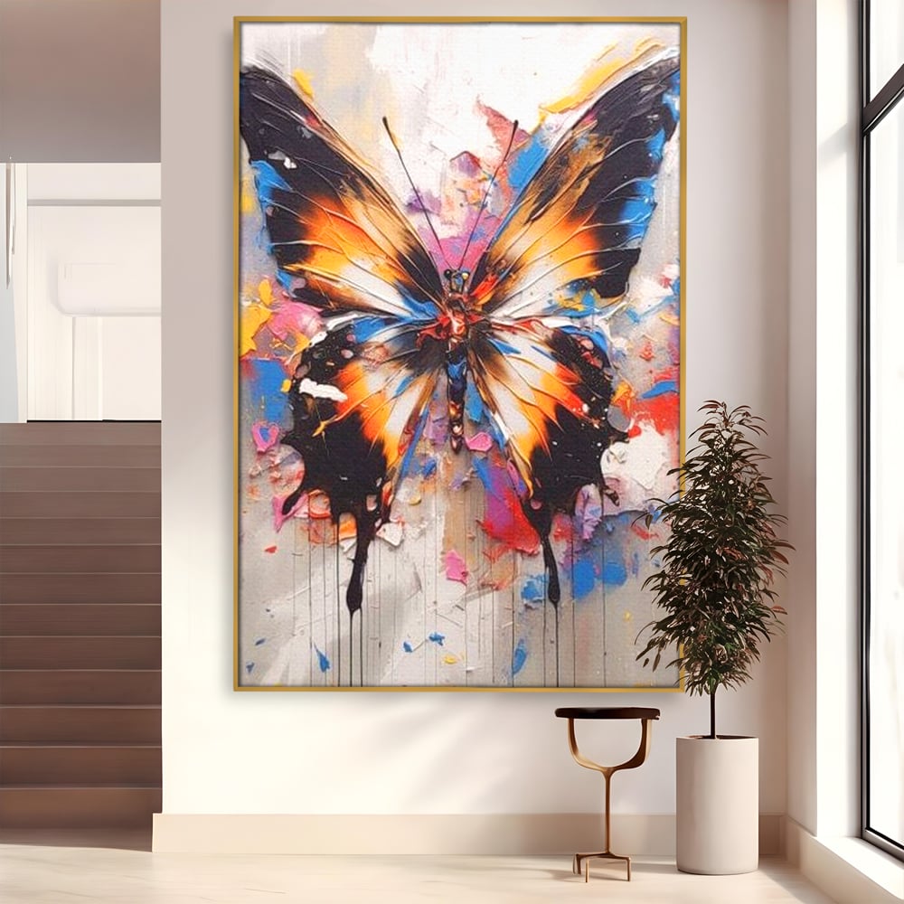 Tablou canvas cu tablou vertical cu fluture pictat, in rama de aluminiu auriu